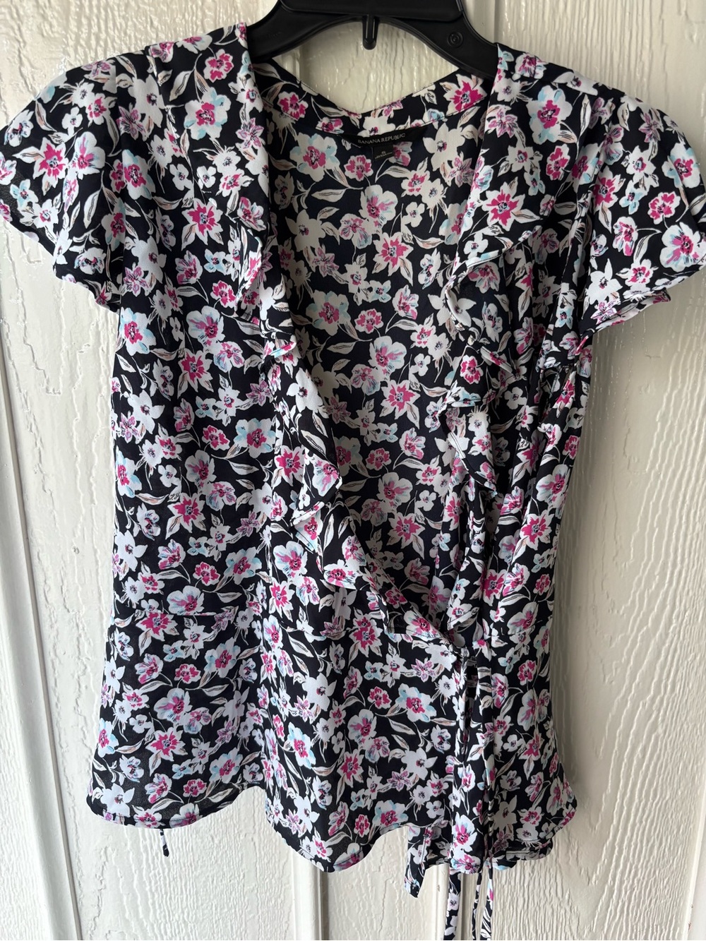 Banana Republic Black Floral Wrap Blouse with Pink and White Flowers